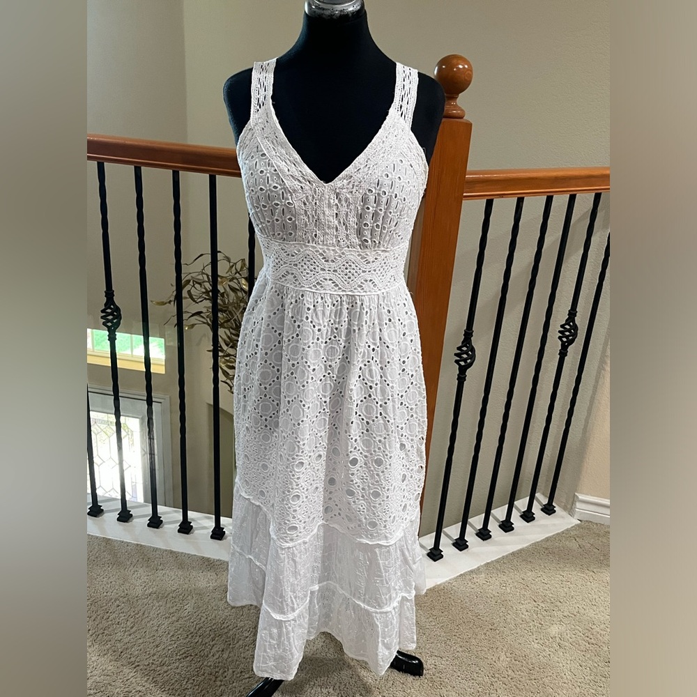 White Smocked Cotton EYELET TIERED Midi Dress with Lace Straps SIZE S